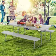 CostwayFolding Picnic Table with 2 Benches with Metal Frame and All-Weather HDPE Tabletop-Grey