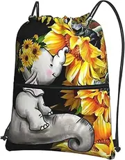 Mother And Baby Elephant Sunflowers Print Drawstring Backpack Gym Bags Sports Bags With Zipper Pocket For Travel Swimming Beach, Black, One Size