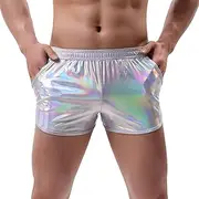 [Amy Coulee] Mens Metallic Shorts Sexy Shiny Shorts Sparkly Rave Outfit Holographic Booty Shorts with Pockets