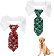 GEEHUA 2PCS Christmas Dog Necktie, Adjustable Winter Snowflake Pattern Pet Tie Collar with Red Plaid for Small Medium Cat Dog Christmas Weddings Pet Tuxedo Outfit Decoration