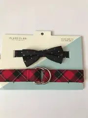 NWT Boy's Class Club Black Bow Tie & D-Ring Belt Set Red White Black Checkered
