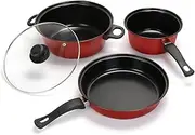 Non-Stick Cookware Set, 4 Piece Set Portable Lightweight Cast Iron Pots and Pans with Glass Lids and Nylon Utensils for Outdoor Camping Picnic Travel