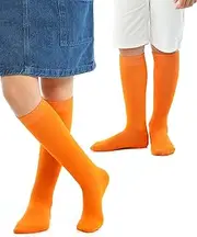 [Hugh Ugoli] Knee High Cotton Socks for Girls Boys and Toddlers, Solid-Stripe,Long School Uniform Socks 3-14 Years Old,4 Pairs, Pumpkin Orange (Regular), 3-4T