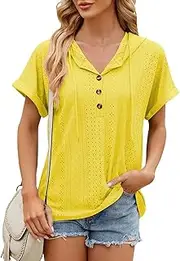 [CSYBYW] Women's Casual Summer Hoodies Short Sleeve Drawstring Hoodies Tops Button Front V Neck Pullover T-Shirts Tops