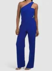 $195 Aidan by Aidan Mattox Women's Blue One Shoulder Crepe Jumpsuit Size 8