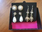 AVON Cross Pearlesque 3 Pc Earrings Set Goldtone - New in Box - Free Shipping
