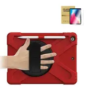 StylePro Combo, iPad 7th, 8th, 9th, 10.2” Case With Tempered Glass Screen Protector, Hand Strap & Rotating Stand, 10.2, Red