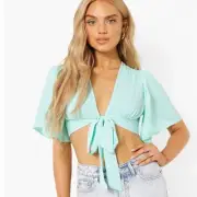 Boohoo NEW Angel Sleeve Tie Front Crop Top Size 8 Mint Vacation