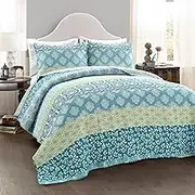 Lush Decor Bohemian Stripe Reversible Cotton Quilt Set, 3 Piece Set, Full/Queen, Blue & Green - Boho Bedding Set - Bold & Colorful - Striped Quilt - Maximalist & Boho Bedroom Decor