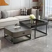 Coffee Table Marble Table for Living Room, Set of 2 Coffee Table Modern Minimalist Side Table, Glam Square Glass/Slate Metal Frame Cocktail Table with Drawer for Reception Room Office,C