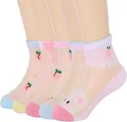 [IYOU] Toddler Girls Transparent Socks Pink Animal Pattern Ankle Socks Cute Ultra Thin Summer Mesh Socks (5 Pairs)