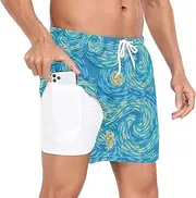 [GuoChe] Men Beach Shorts Men's 2 Layer Workout Shorts Golden Sun Blue Sky with Compression Liner Basketball Shorts Quick Dry