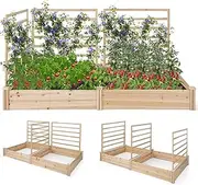 Costway Raised Garden Bed w/ 2 Planter Boxes & 3 Trellis, Outdoor Wooden Planter Box Kit for Flower, Herb, Vegetable, Fruit, Climbing Vines, Gardening Planter for Garden Patio