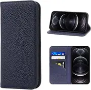 LANJLM iPhone 12 / iPhone 12 Pro Case Genuine Leather Wallet Case Card Holder Shockproof Flip Cover - Royal Blue