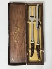Stainless Steel Carving Knife Fork Set Japan New Box Crown Awards Bakelite Stag