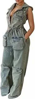 [Tbahhir] Denim Overalls for Women Cargo V Neck Long Sleeve Tunic Jumpsuits Slim Fit Long Jean Romper with Pockets