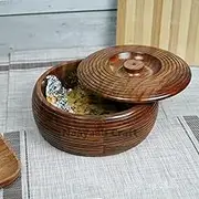 Naayaab Craft Pakka Sheesham Wood Round Chapati Box | Hand Carved Roti Storage Container | Hot Pot, Casserole, Roti Dabba with Lid for Kitchen (D3-9inch)