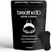 [breathe3d] Nose Strips - Extra Strength Nasal Strips for Snoring, Breathing and Excercise. 30 Pack of Nose Tape for Sleeping.