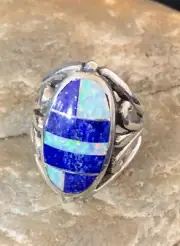 Lapis & Opal Southwestern Navajo Sterling Silver Inlay Ring Size 7 01483