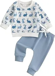 [PENNSOY] Toddler Baby Boys Easter Outfit 2PCS Sets Infant Boys Long Sleeve O Neck Letters Print Tops + Casual Pants Sets, Blue, 12-18 Months