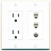 3 Port Power Outlet Cover Plug Jack UL 2 Gang COAX 2 PHONE Wall Plate