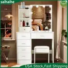 White Dressing Table and Stool Vanity Set Makeup Desk W/ 10 LED Bulbs Mirror