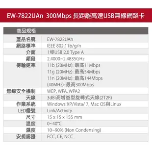 EDIMAX 訊舟 EW-7822UAn 300Mbps長距離高速USB無線網路卡 (AS-EW-7822UAN)