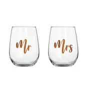 2pc Mr & Mrs Stemless Rose Gold 600ml Drinking Cup Celebration Glass Pair