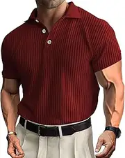 [Aosufei] Men's Short Sleeve Ribbed Fashion Polo Shirt Casual Lightweight Polo Tee Shirts Button Golf Summer Polo Shirts, Wine Red2, Large