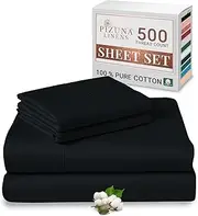Pizuna Cotton Queen Sheet Set, 500 Thread Count 100% Combed Cotton Sateen Weave Queen Bed Sheet Set Include 1 Fitted Sheet, 1 Flat Sheet & 2 Pillow Cases (Black Sheet Set - 4 PC)
