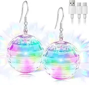 [Bnsikun] Light Up Disco Ball Earrings With 16 Modes - Rechargeable Dangle Jewelry for Music Festival, Halloween, Christmas, New Year Party - 70s 80s Costume Accessories