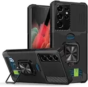 Phone Protection Compatible with Samsung Galaxy S21 Ultra Case, Military Drop Protection Case, Sliding Camera Cover and Card Holder Heavy Duty Protective Metal Stand Phone Case