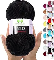MeriWoolArt Chenille Yarn for Knitting and Crocheting Black - 100 g and 120 m Velvet Wool - 100% Fluffy Polyester Knitting Yarn for Amigurumi Cushions Blankets Soft Clothing Gifts