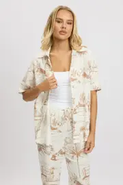 Brown Abstract Relaxed Shirt Short Sleeve - Size 16XL, Women's Shirt