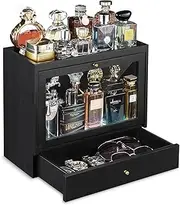 Yoimori Cologne Organizer for Men, Large Capacity Dustproof Cologne Holder with Drawer, Solid Wood Perfumes Organizer for Men Dresser (Black)