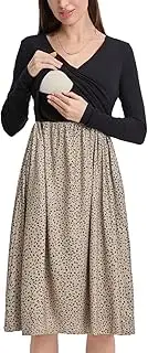 [Liu & Qu] Women's Maternity Nursing Dress Long Sleeve V-neck with Pockets Patchwork Pregnancy Dresses Breastfeeding Clothes