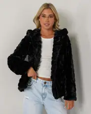 [Mooloola] Mooloola Women's Moulin Faux Fur Jacket in Black Size 8 8 Black