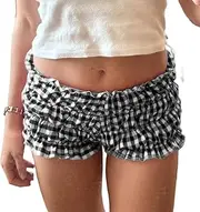 [UAURORAO] Women Y2k Gingham Boy Shorts Cute Smocked Plaid Micro Shorts Sexy Frilly Ruffle Pettipants Going Out Bloomers