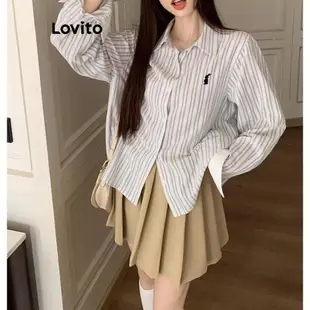 Lovito 女士休閒條紋刺繡羈扣前扣環裝飾襯衫 LNA43102