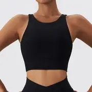 Plain Cutout-Back Sports Bra Top Black - S