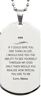 Silver Dog Tag Son Engraved Inspirational Gifts for Birthday Graduation Christmas Veterans Day - Special Love from Foster Mom, Unique Confidence to My Son, Silver Plated Zinc, Cubic Zirconia