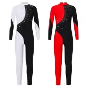 Girls Dance Unitard Long Sleeve Skating Jumpsuits One Piece Rhinestones Bodysuit