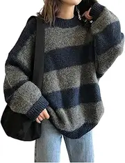 [Lunoakvo] Women Vintage Striped Sweater Knitted Long Sleeve Loose Oversized Pullover Jumper Tops