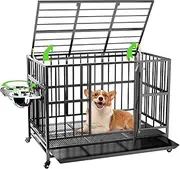 LOVMOR 37" Heavy Duty Dog Crate with Wheels/Unique Air Lift Rod / 360° & Adjustable 2 Bowls, Extra Small Dog Crate