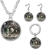 [SUPAC] Galaxy Space Jewelry Set, Solar System Pendant Necklace with Earrings and Keychain - Solar System Jewelry Gift, Standard, Sterling Silver, Cubic Zirconia