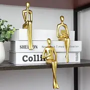 Kilarero 3Pcs Gold Decor Sitting Thinker Statue Abstract Sculpture, Bookshelf Decor Accents Resin Collectible Figurines for Home Office Living Room Table Desktop Decor(Gold)