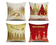 P55 4PCS 45*45cm Christmas Golden Elk Pattern Linen Pillow Case Printing Throw Pillow Cushion Cover Home Furnishing Decoration