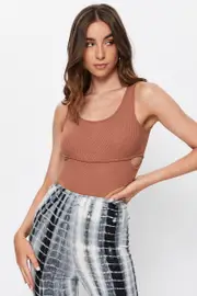 Brown Cut Out High Cut Bodysuit - Size M, Women's Trial Jersey