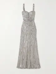 [Jenny Packham] Jenny Packham - Bright Gem Embellished Sequined Tulle Gown - Platinum - UK 6 UK 6 Silver