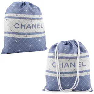 【CHANEL 香奈兒】CC Logo 標誌菱格紋棉質混絲束口後背包+浴巾組(藍色)